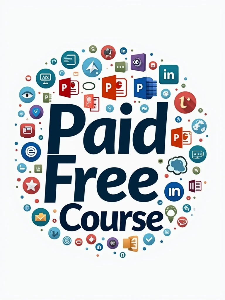 a logo where write paid free course ,,bacgrord differnt small graphic object like microst word ,powerpoint,photosop,capcat,adobe illustrator,3d computer,mobile,, linkedin,website