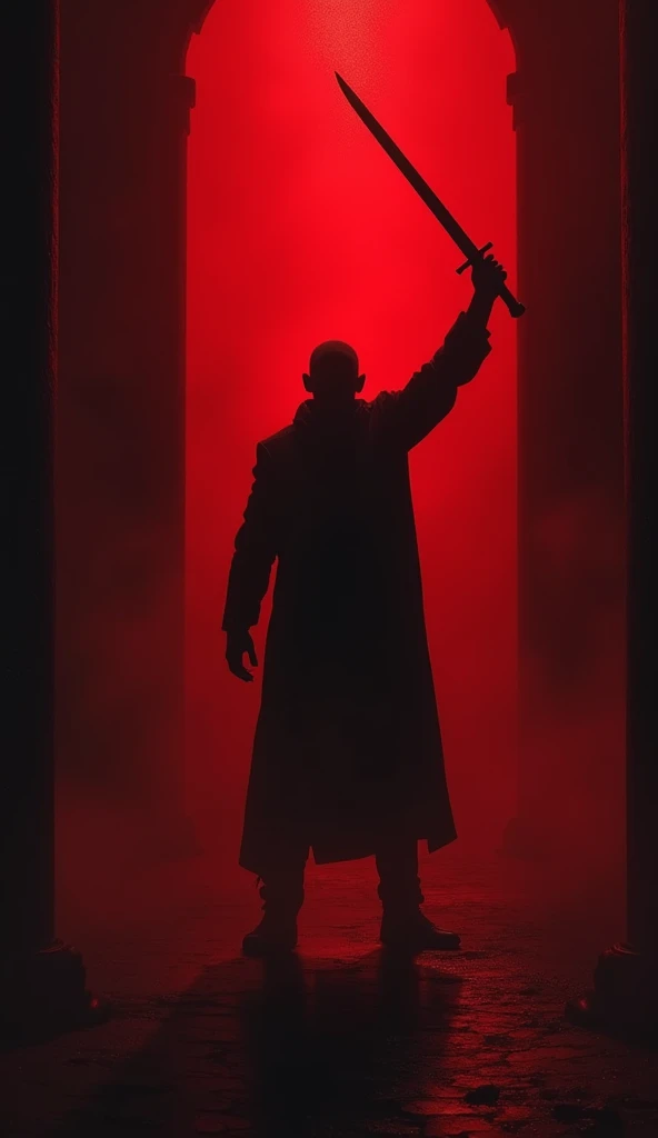 dark room, red lighting, man holding a sword silhouette