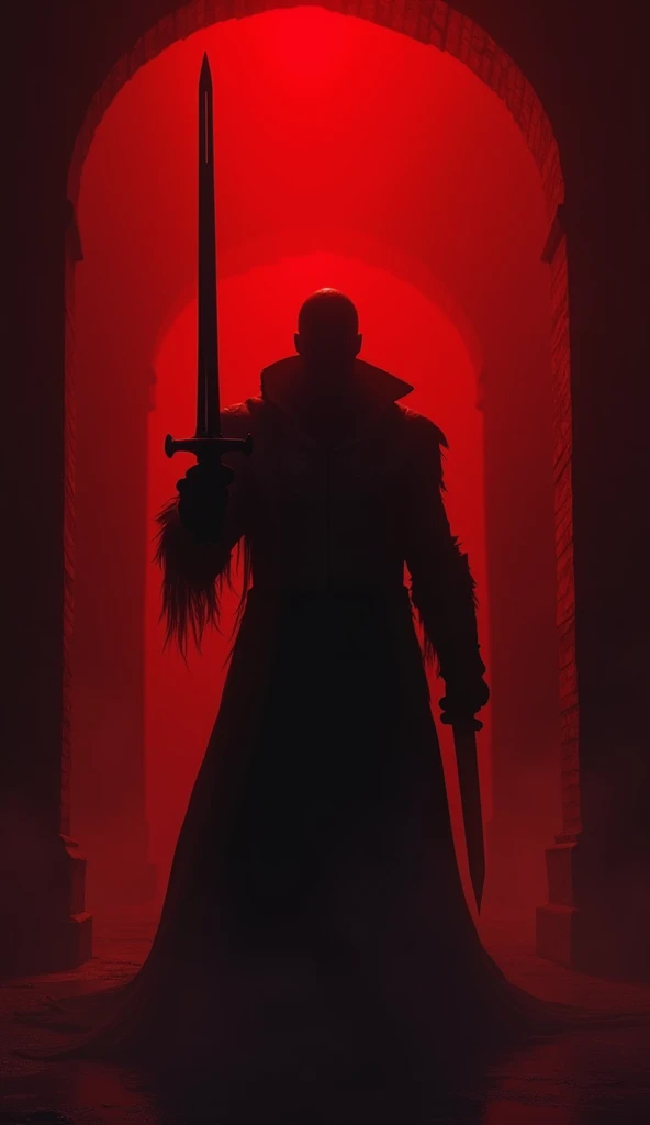 dark room, red lighting, man holding a sword silhouette