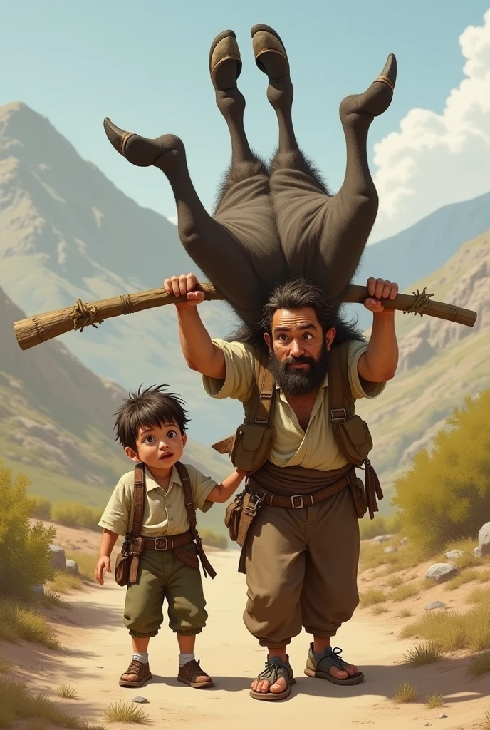 A father and son are carrying their donkey by tying it upside down to a stick, which they  place on their shoulders.