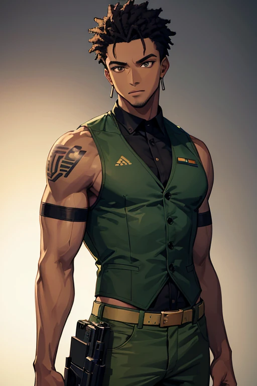 man in his 30s black African American slim build muscles open military uniform green vest military print green pants black hair black eyes dark skin tattoo holding a gun