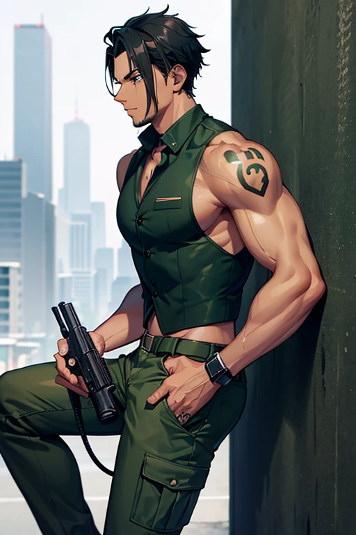 man in his 30s black African American slim build muscles open military uniform green vest military print green pants black hair black eyes dark skin tattoo holding a gun
