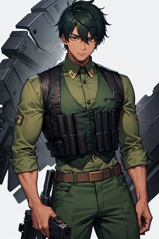 man in his 30s black African American slim build muscles open military uniform green vest military print green pants black hair black eyes dark skin tattoo holding a gun