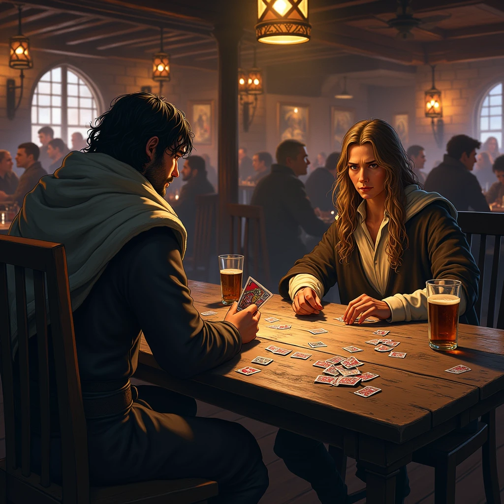 Card Game, anime realism, two Middle earth heroes sit by table in a bar, cards Scattered on the table, pub atmosphere, Passionate audience, (best quality, masterpiece), intricate details, ultra-detailed, vivid colors