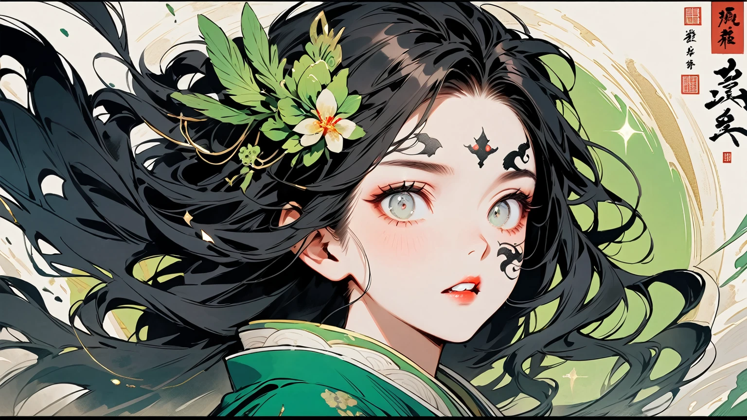 Ink painting, (((1 girl)), (((White teeth))), (((Great hair accessories))), Demon possession, (((White eyes with an inscription inside them))),Face up close, Japanese beauty, White hair, Sensitive and precise, Modern Ukiyo-e style, (((Thick, shiny, medium-length black hair with curly strands that fall over the forehead.))), (((Wide, sharp eyes of bright green color, with a slight sparkle.)))Fair-skinned with a small scar on the cheek or above the eye, wears a uniform similar to that of traditional demon hunters in anime with special touches such as a different color or additional details such as an ornate belt or a long robe in dark colors, his facial expressions are often serious or wary, with a deep look that indicates his experience and expertise in battles,