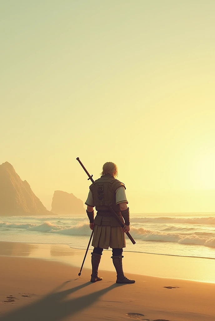 A lone warrior with normal hair in beach back view with sword