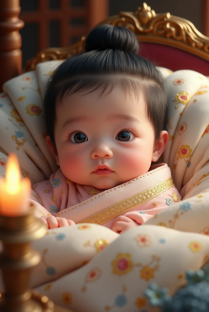 Please, draw a , with black hair and blue eyes, that she is a princess of the Han dynasty of China.
Make it smaller and wrap it in blankets., make it lively