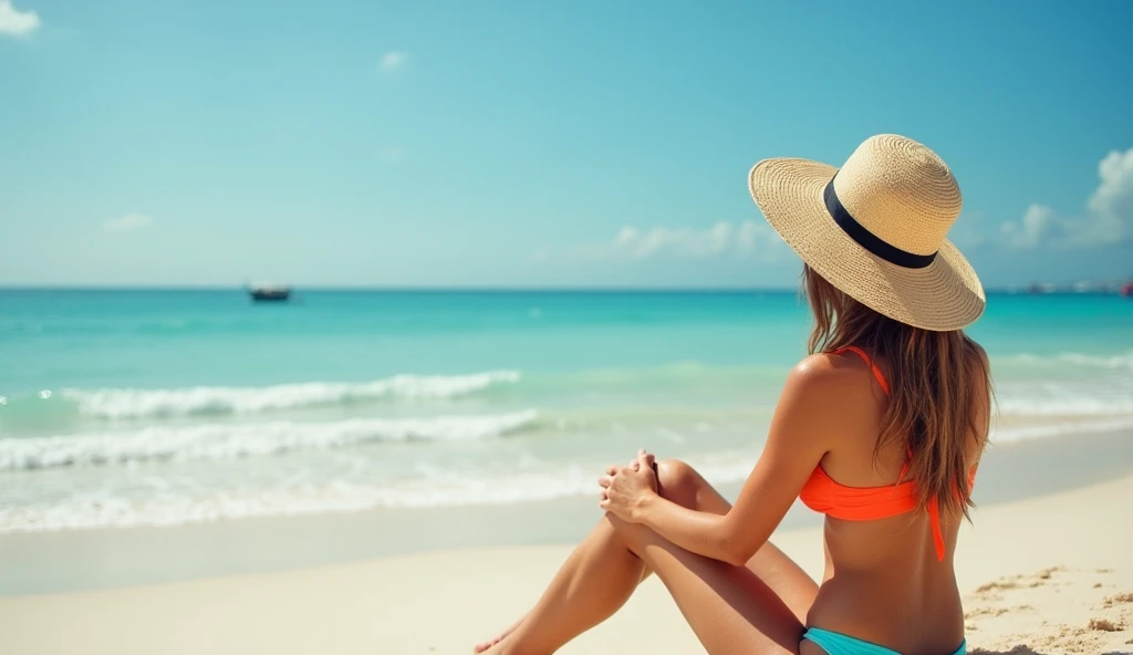 beach, bikini, sitting