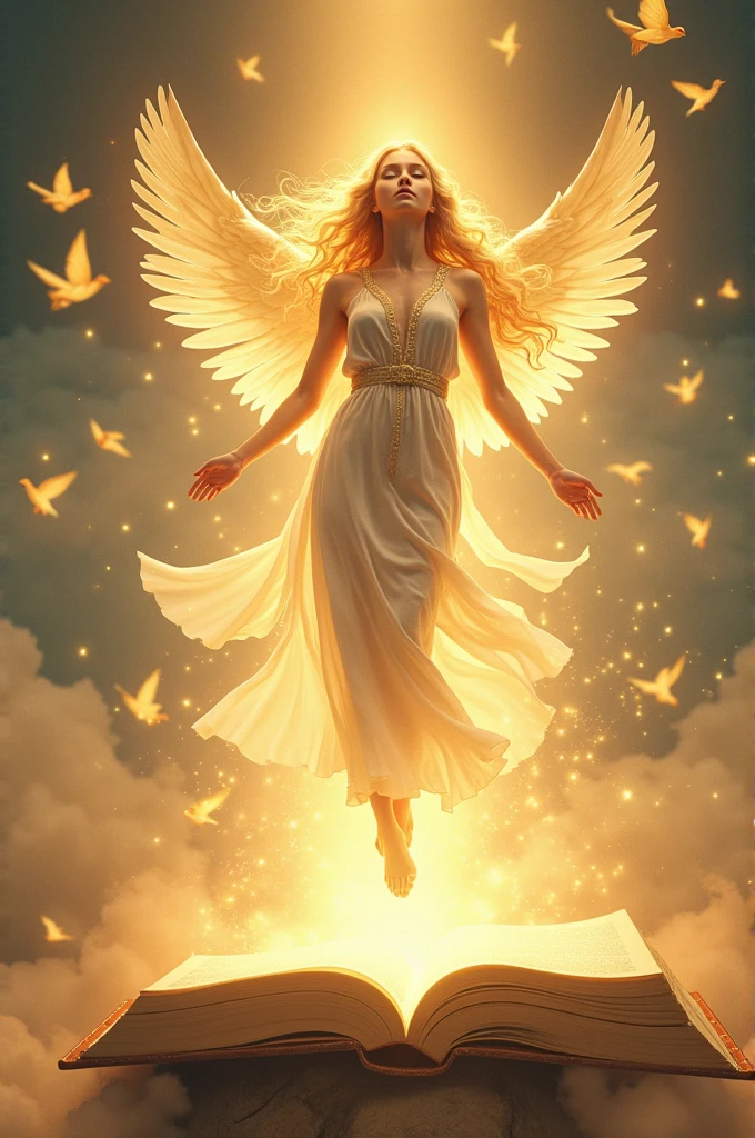 "An angelic woman, with long wavy blonde hair, wearing a flowing white tunic with gold details. She is floating gracefully above a large open book, emanating a golden light that illuminates the entire environment. Around her, small golden birds fly as particles of light float gently in the air. The scene conveys a sense of peace, spiritual power and connection with infinity."