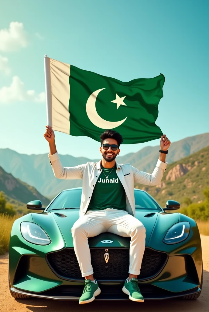 Create an Real image featuring a 25 year white boy
sitting on the hood of a white and green new car,with Pakistan’s scenic background. He’s holding a big flag celebrating Pakistan’s 14th August. The boy wears a green T-shirt with ‘Junaid’ printed on it, white jacket, white pants, green shoes and sunglasses.