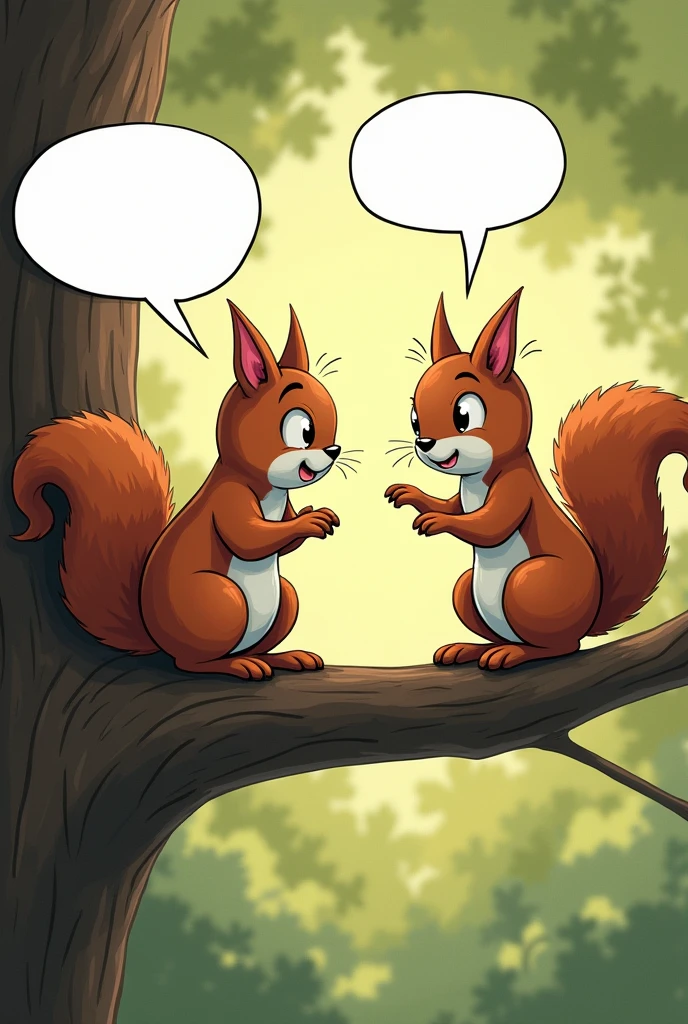 Two squirrels talking on a tree with comic bubbles.