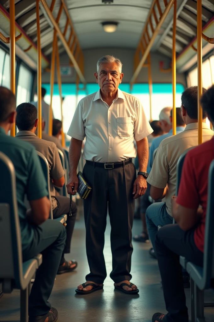 Srilankan middle age bus conductor in a bus with white shirt, black trouser, black slippers and bus ticket machine