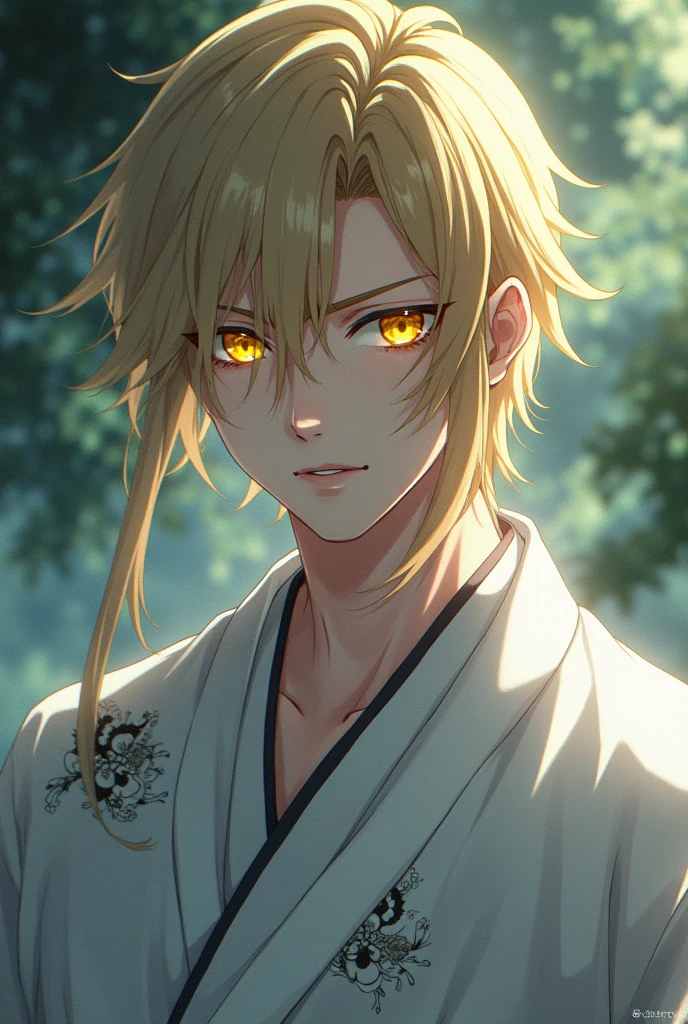A handsome Assassin anime character with yellow eyes with his soul of yokai screen photo wearing a white nostradamus style kimono from Record ragnarok with medium long blonde hair