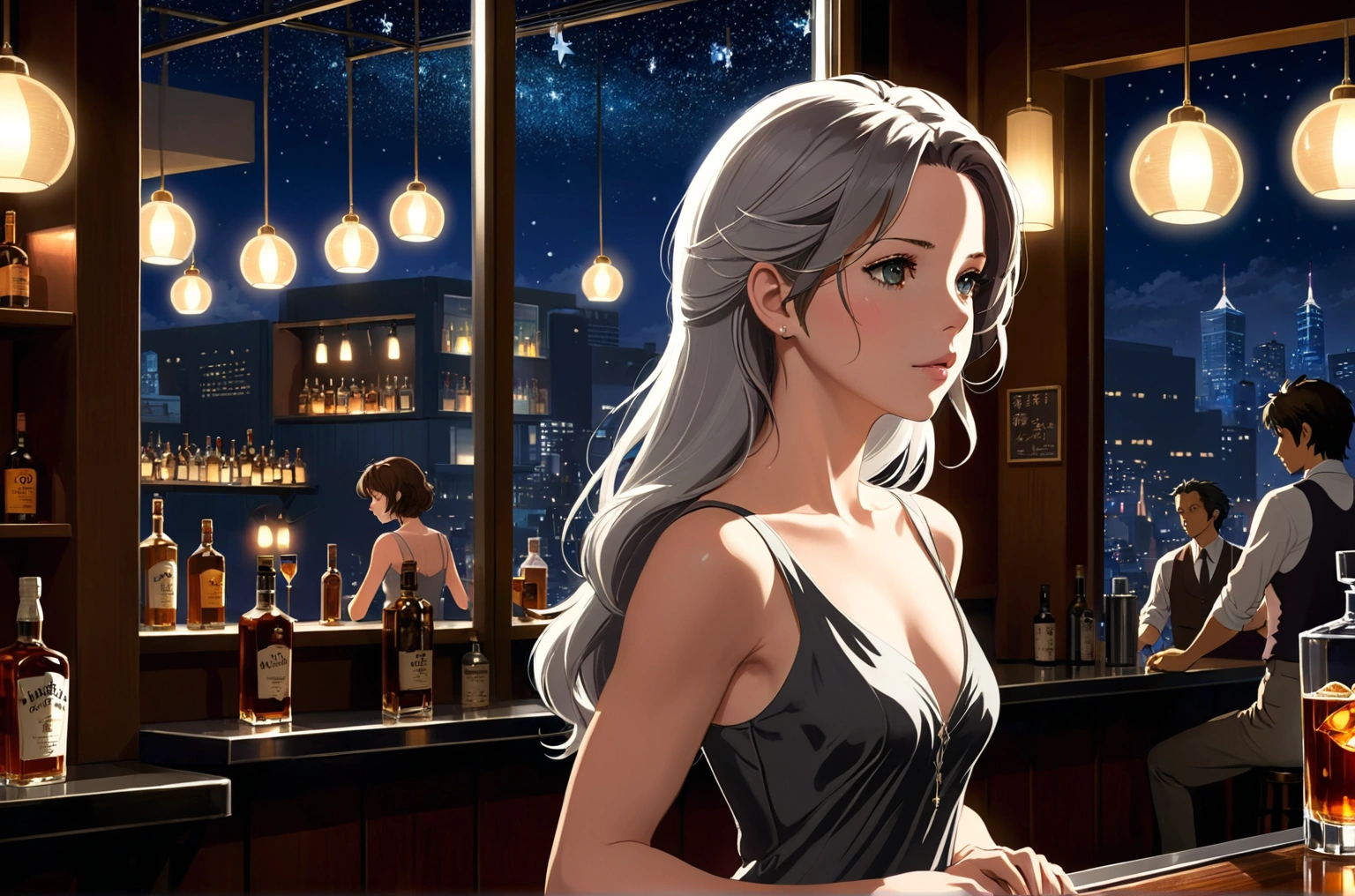 Uses Makoto Shinkai&#39;s depiction perfectly,Portrait of Kate Beckinsale,8k 4k masterpiece photo ,Osaka,A jazz bar with a glass ceiling,The twinkling stars can be seen through the glass windows.,It&#39;s a dark night outside,Jazz is playing,Close-up of profile,Beautiful in profile,Semi-long hair,Silver Hair,Look in a different direction,Standing alone at the counter,A small glass of whiskey in front of me１There are、tight fitting tank top dress,The bust is large