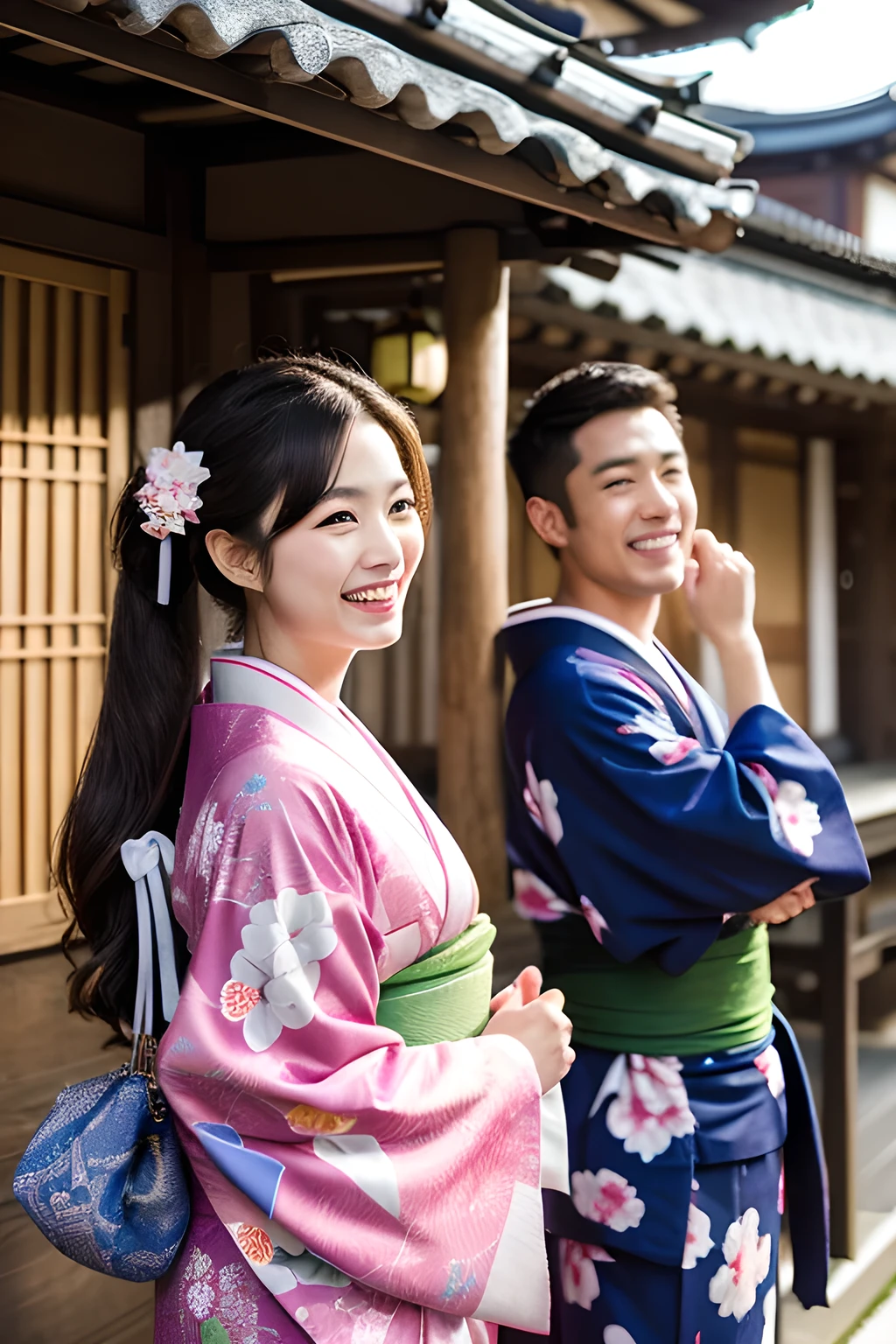 Men and women laughing happily Kimono Kyoto live-action Portrait Shooting with a single-lens reflex camera