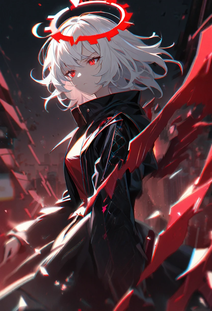 1girl, white hair, wild hair, red eyes, (white eyelashes:1.2), emotionless, red glow halo, mature, black coat, short hair, (chromatic aberration:1.2), reality break, destruction city, solo, (evil godness:1.2), digital dissolve, dynamic pose