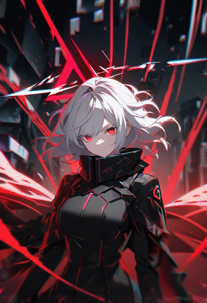 1girl, white hair, wild hair, red eyes, (white eyelashes:1.2), emotionless, red glow halo, mature, black coat, short hair, (chromatic aberration:1.2), reality break, destruction city, solo, (evil godness:1.2), digital dissolve, dynamic pose