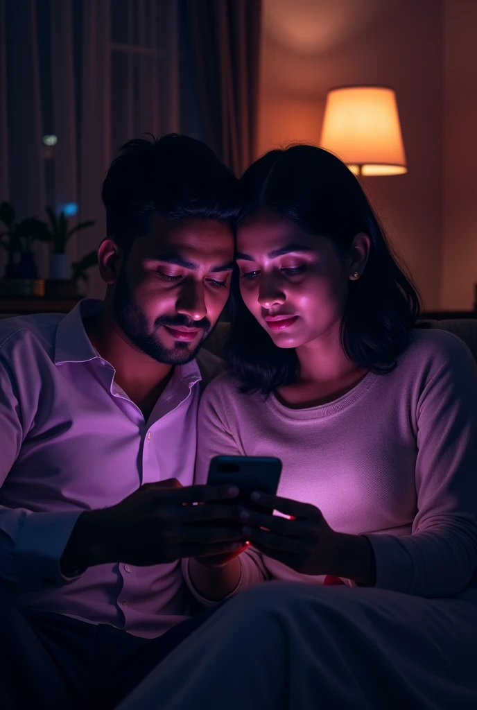 People watching phone keep it to night light and indoor ashteic with purple and black shade 
Make them look Indian and keep a  man and woman