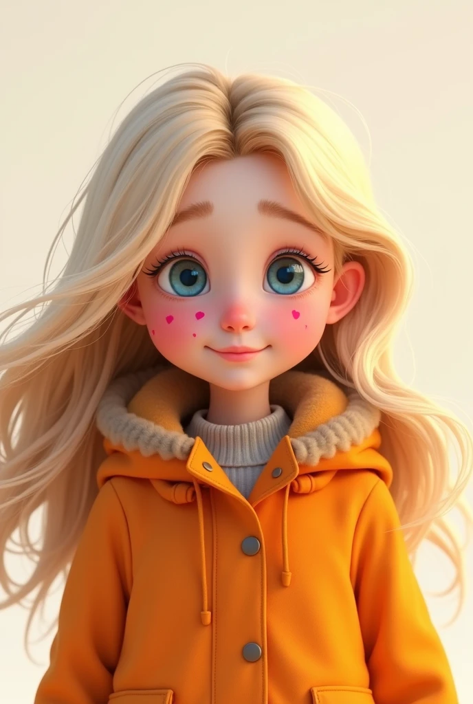Young adult blonde with blue eyes, White skin and pink spots on her skin in the shape of a heart, wears an orange parka. Animation style