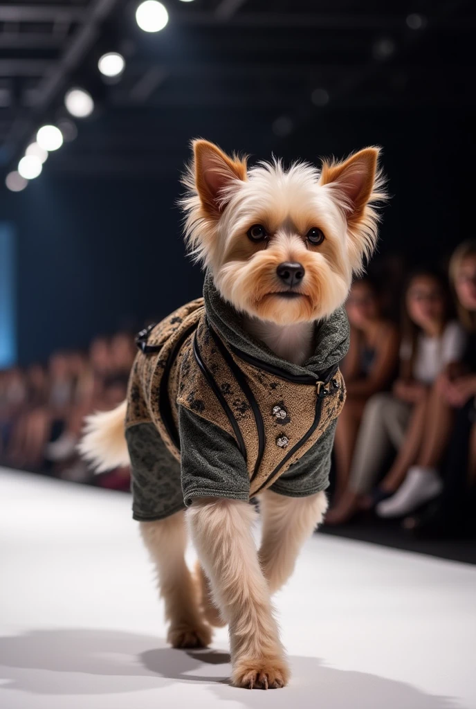 A beautiful dog cloth catagory different different walking down the runaway at a fashion show,