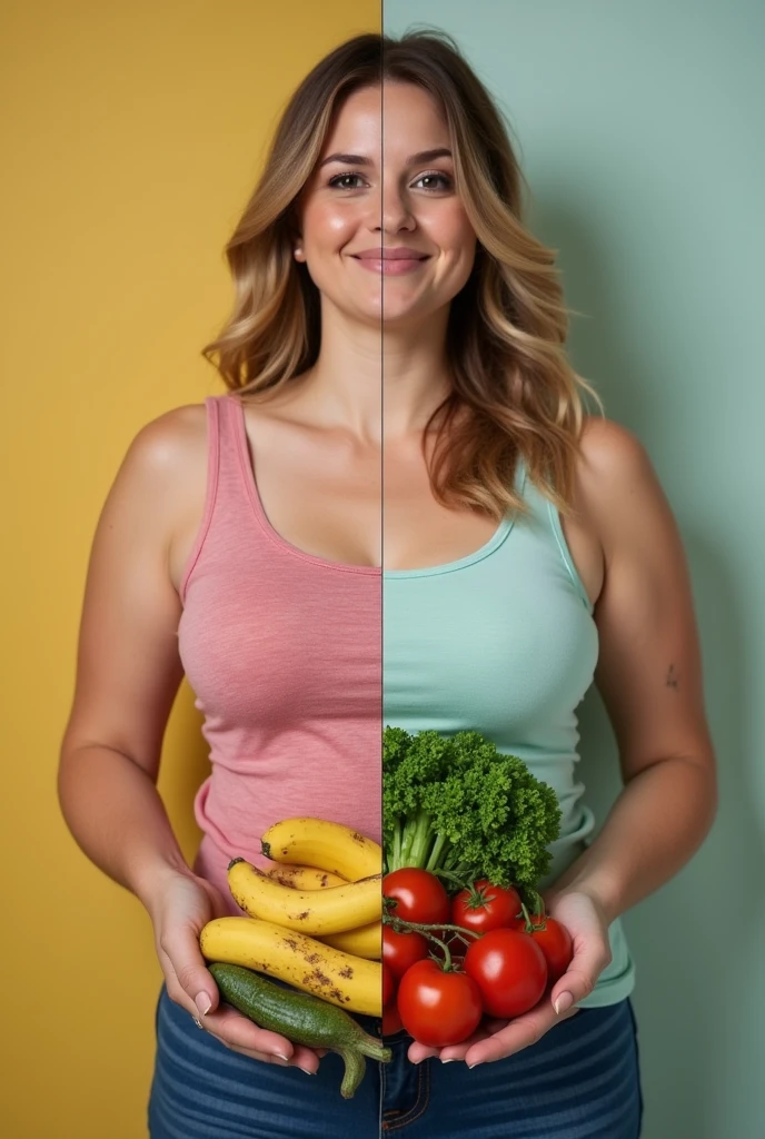 Include an image of a woman, on one hand she is fat and in the context of unhealthy foods and on the other she is thin with healthy foods and vegetables
