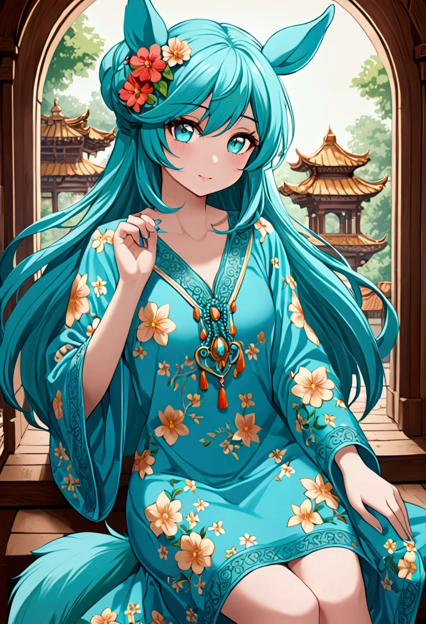 masterpiece, top quality, very detailed, pony, Young woman, antro, creamy body, turquoise eyes, soft turquoise long hair, soft turquoise tail, big fluffy ears, summer turquoise dress above the knee with floral print and wide sleeves