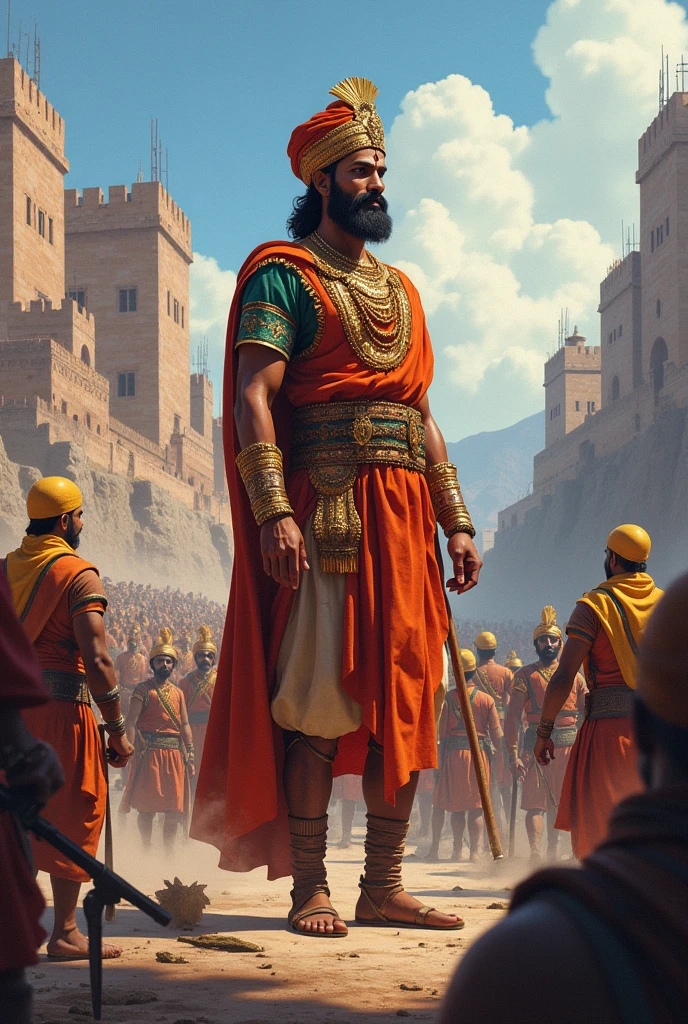  Military and Administrative Reforms**: An illustration of Shivaji Maharaj supervising the construction of forts and overseeing administrative activities, reflecting his strategic and governance reforms. In dall e-3 style
