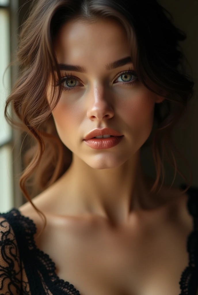 34d woman in laces, beautiful detailed eyes, beautiful detailed lips, extremely detailed eyes and face, long eyelashes, intricate facial features, photorealistic, high quality, 8k, vivid colors, dramatic lighting, elegant hairstyle, serene expression, natural skin tones, detailed clothing, cinematic composition, masterpiece, photo-realistic, studio lighting, physically-based rendering