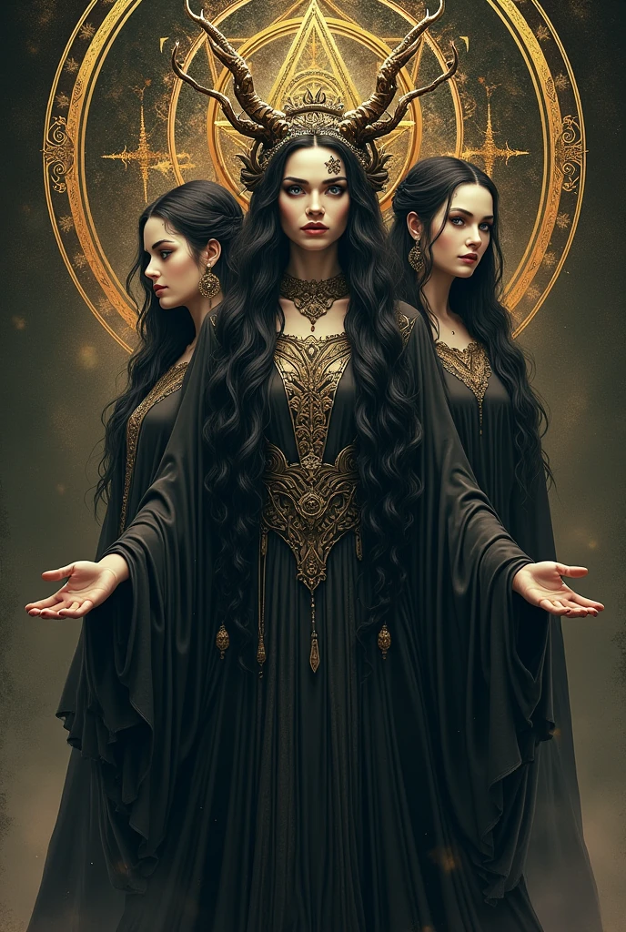 Goddess Hecate, com as tres faces, The young woman, the mother is old. Add the pentagram and hecate symbols