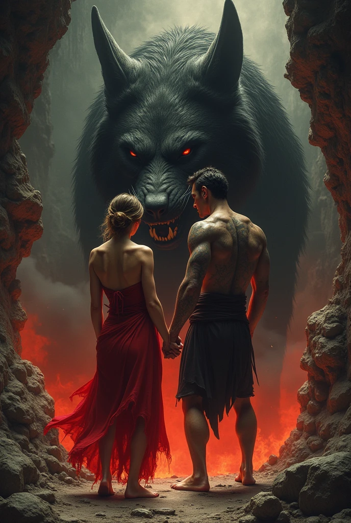 Hades and Persephone in Tartarus with Cerberus behind