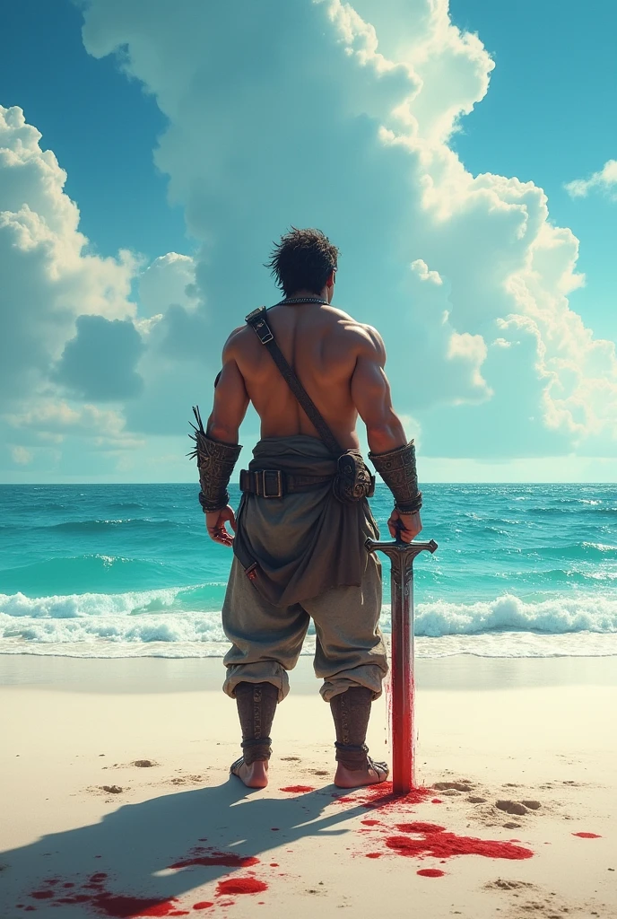 A lone warrior with normal hair in beach back view with sword  male with blood on his sword 
