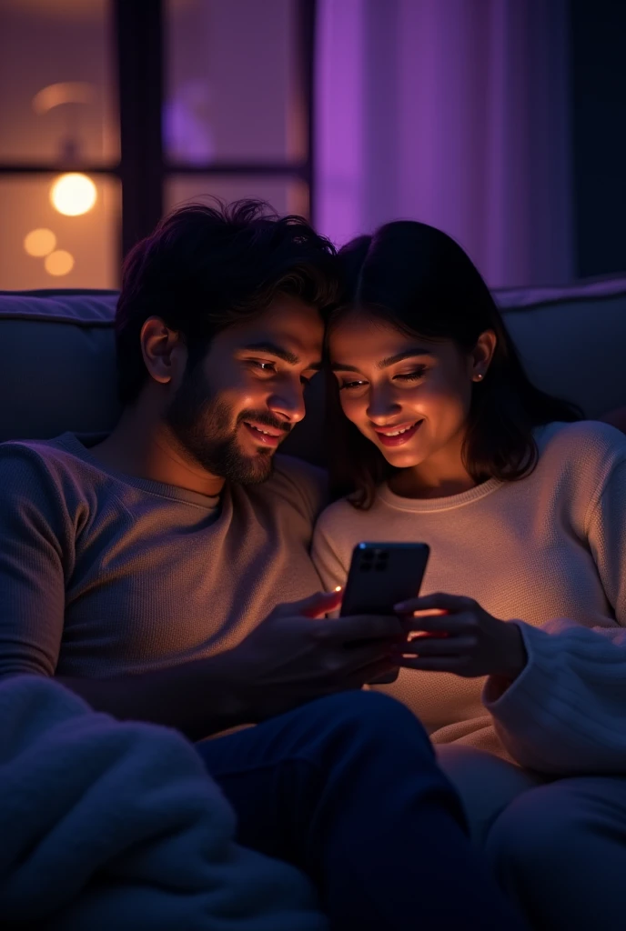 People watching phone keep it to night light and indoor ashteic with purple and black shade
Make them look Indian and keep a man and woman enjoying a web series