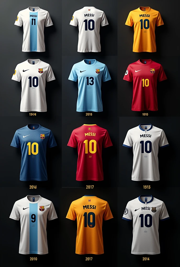 messi t-shirts, in three rows of three t-shirts on a black background, organized by year without dates