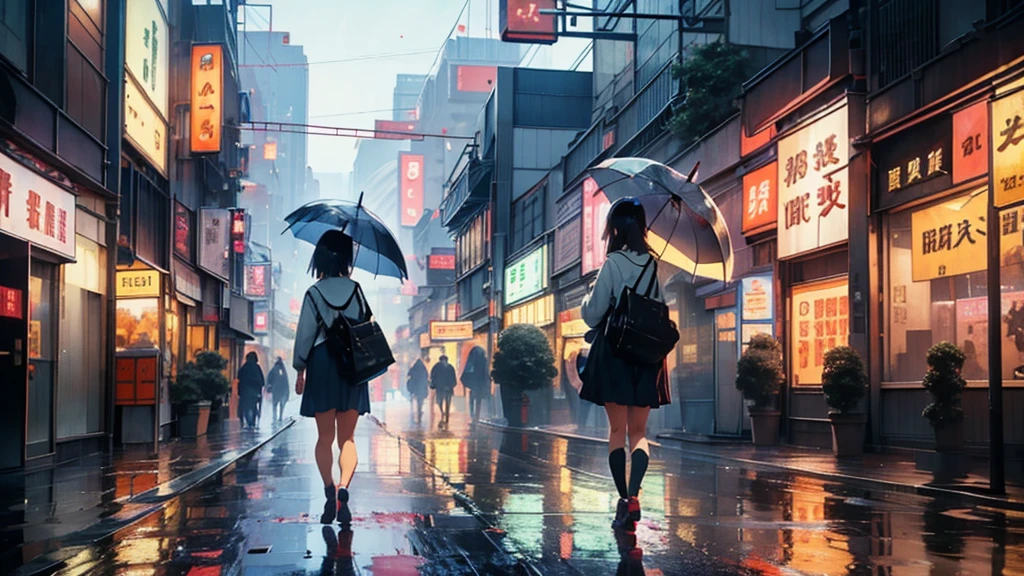 A girl walking down a rainy Tokyo street, holding an umbrella, with neon signs reflecting on the wet pavement.