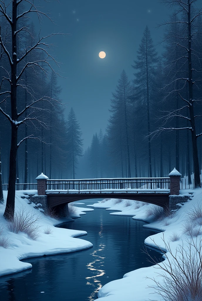 A forest at night, Snow covered trees and a snow covered bridge with a river flowing below with the fonts above saying "Cold Shelter"