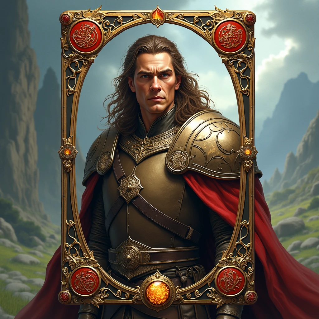 Game Card design, card border, Middle earth hero, (best quality, masterpiece), intricate details, ultra-detailed, vivid colors