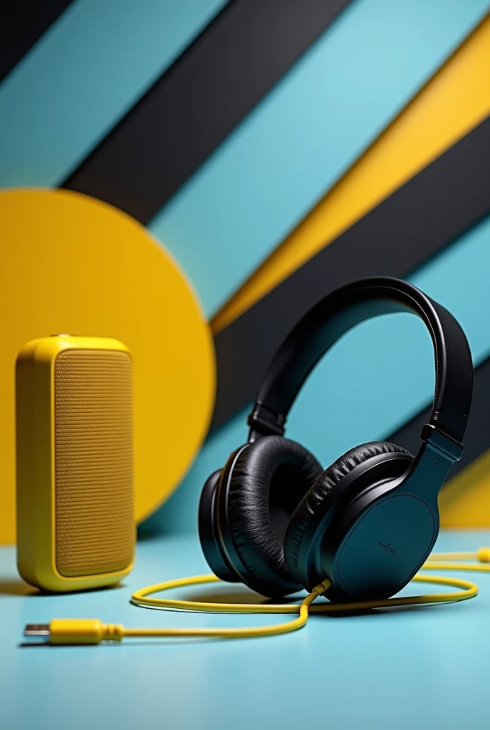 create image for Instagram with headphone and type C cable and speaker, flag of the United States with light blue, yellow and black color