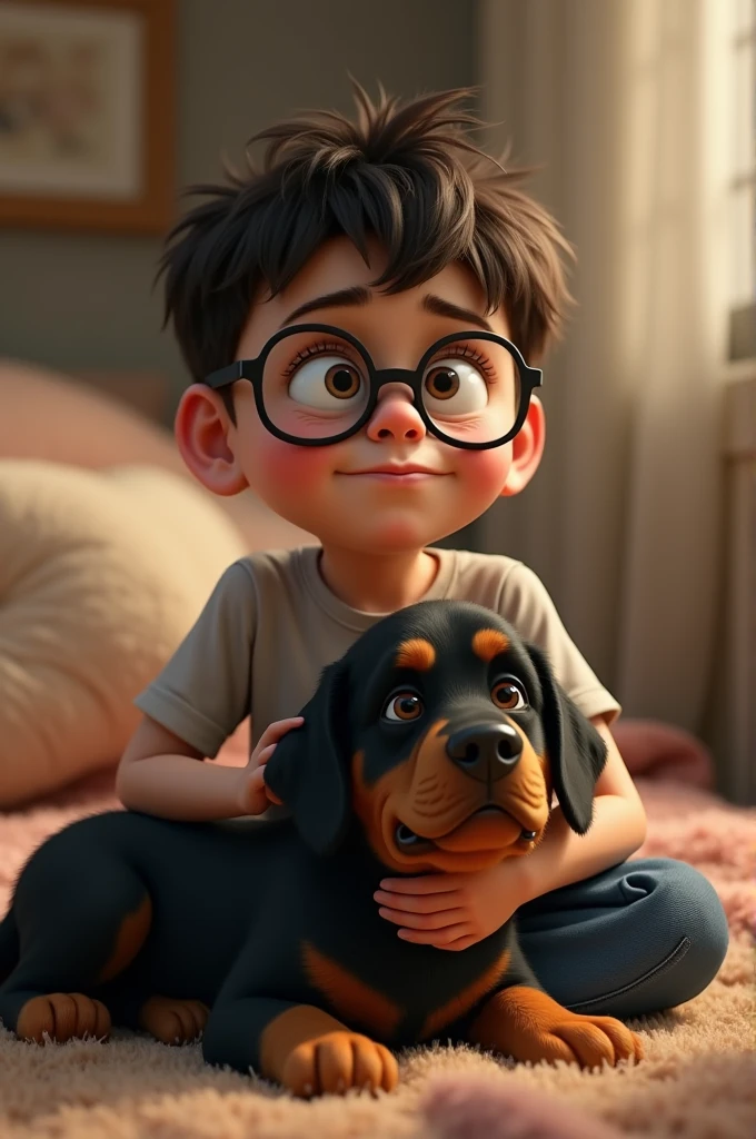 Big headed boy with glasses holding a Rottweiler dog on his lap