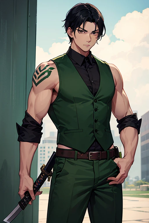 man in his 30s asian slim build muscles open military uniform green vest military print green pants black hair black eyes dark skin tattoo holding a katana