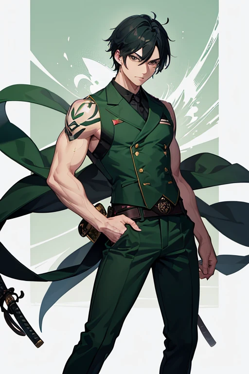 man in his 30s asian slim build muscles open military uniform green vest military print green pants black hair black eyes dark skin tattoo holding a katana