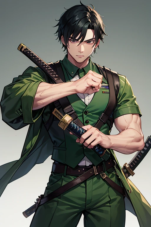 man in his 30s asian slim build muscles open military uniform green vest military print green pants black hair black eyes dark skin tattoo holding a katana