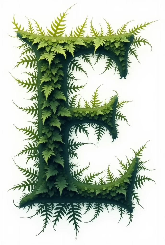 "Uma letra 'E' com fonte blackletter, in impressionism style, loose brushwork, fern leaf texture. The pure white background"