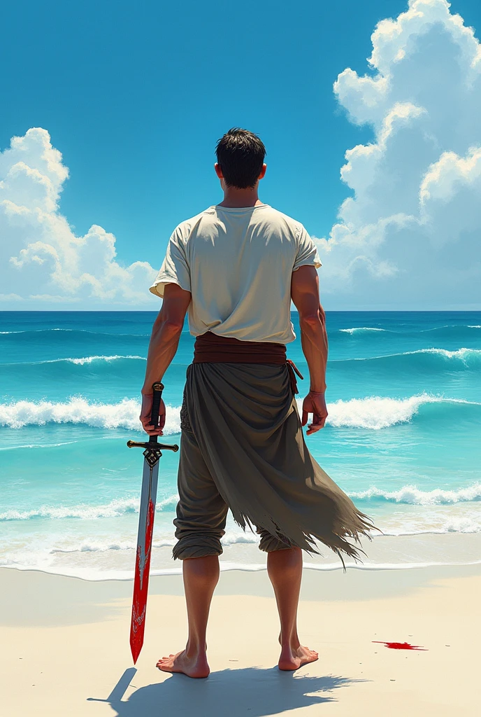 A lone warrior with normal hair in beach back view with sword  male with blood on his sword 
With shirt