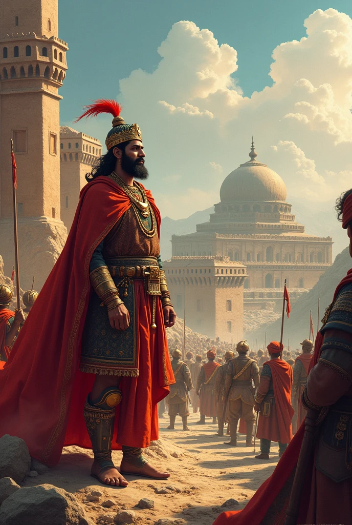 Military and Administrative Reforms**: An illustration of Shivaji Maharaj supervising the construction of forts and overseeing administrative activities, reflecting his strategic and governance reforms. In dall e-3 style