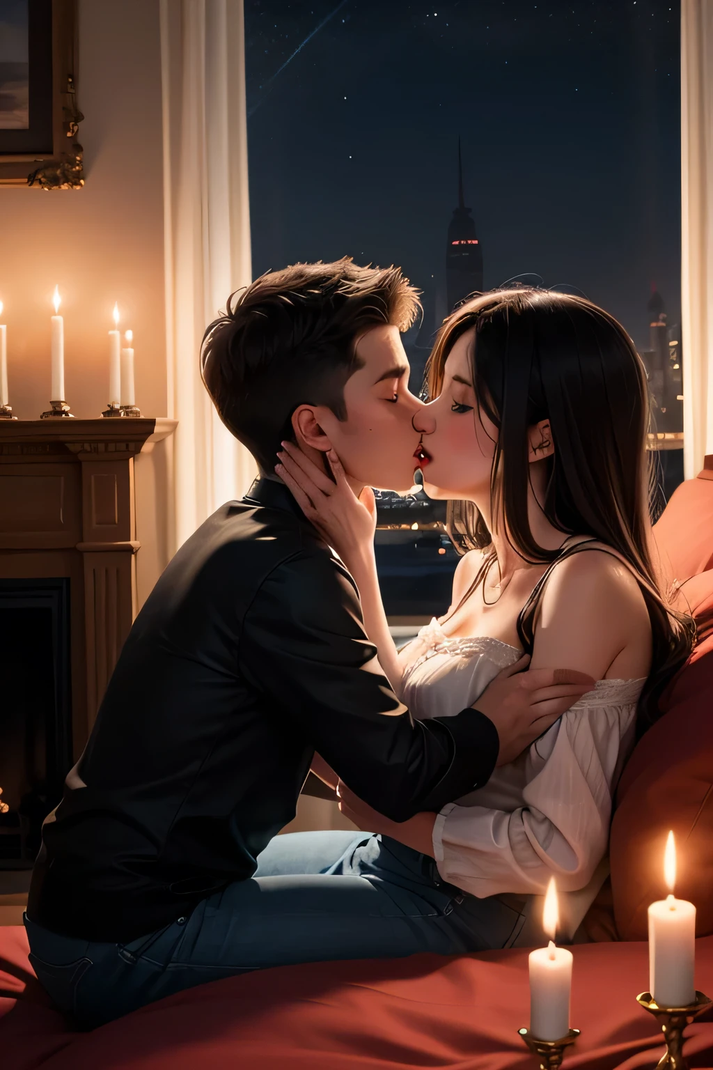 Boy and woman, beautiful woman, kissing each other with passion, in a bedroom, bright room, candles lit, night time,