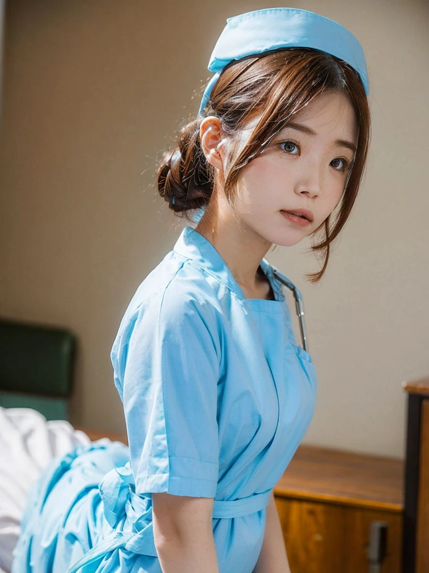 girl,alone, (Wearing white nurse clothes:1.2), Shortcuts, bangs, Upstyle, Black Hair, nurse, Perfect Anatomy, nurse uniform, ((Nurse cap)), ((White costume)), Long skirt, hospital, (close), Close-up