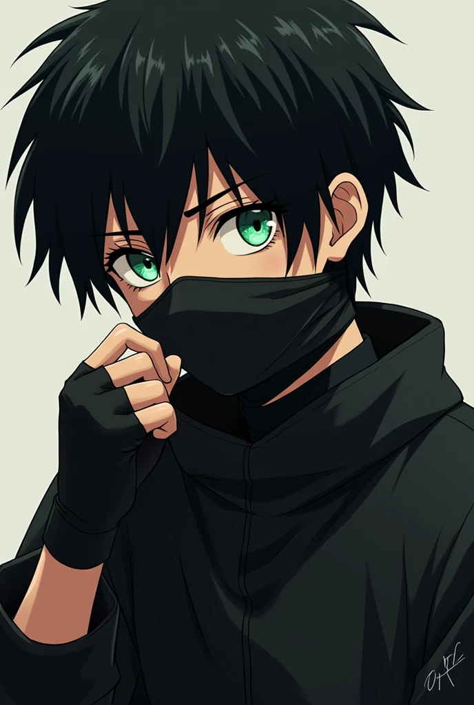 Anime style boy with black hair, green eyes, a black face mask and fingerless gloves with a serious expression