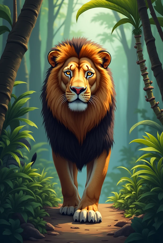 Create me a picture about a lion walking in the jungle