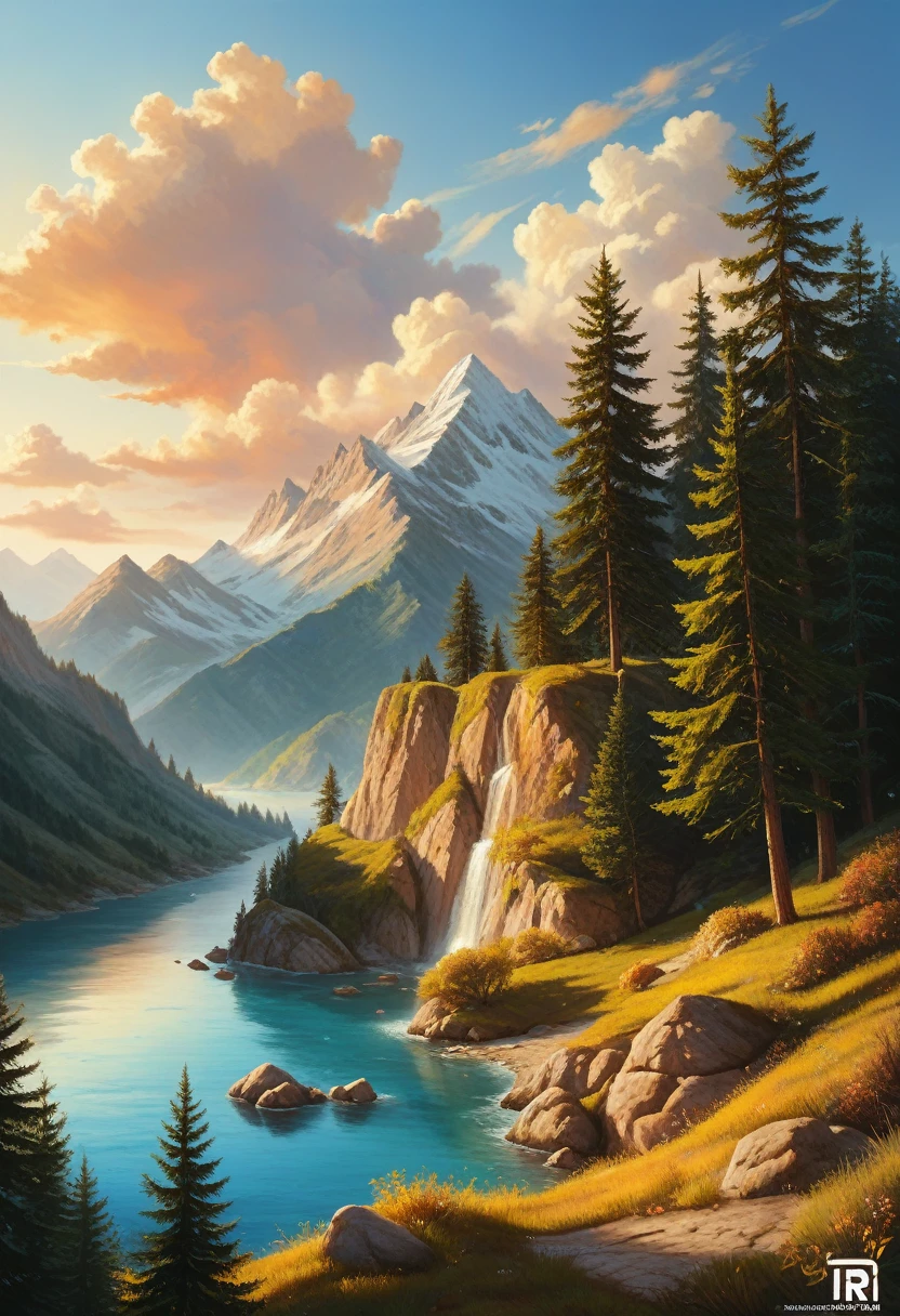 impressive painting of a mountain with trees and water, a detailed painting by Petros Afshar, shutterstock contest winner, environmental art, detailed painting, outlined art, 2d game art, isolated background for logo, strong contours, logo design