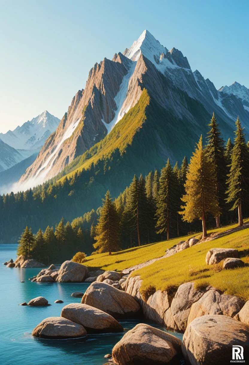 impressive painting of a mountain with trees and water, a detailed painting by Petros Afshar, shutterstock contest winner, environmental art, detailed painting, outlined art, 2d game art, isolated background for logo, strong contours, logo design
